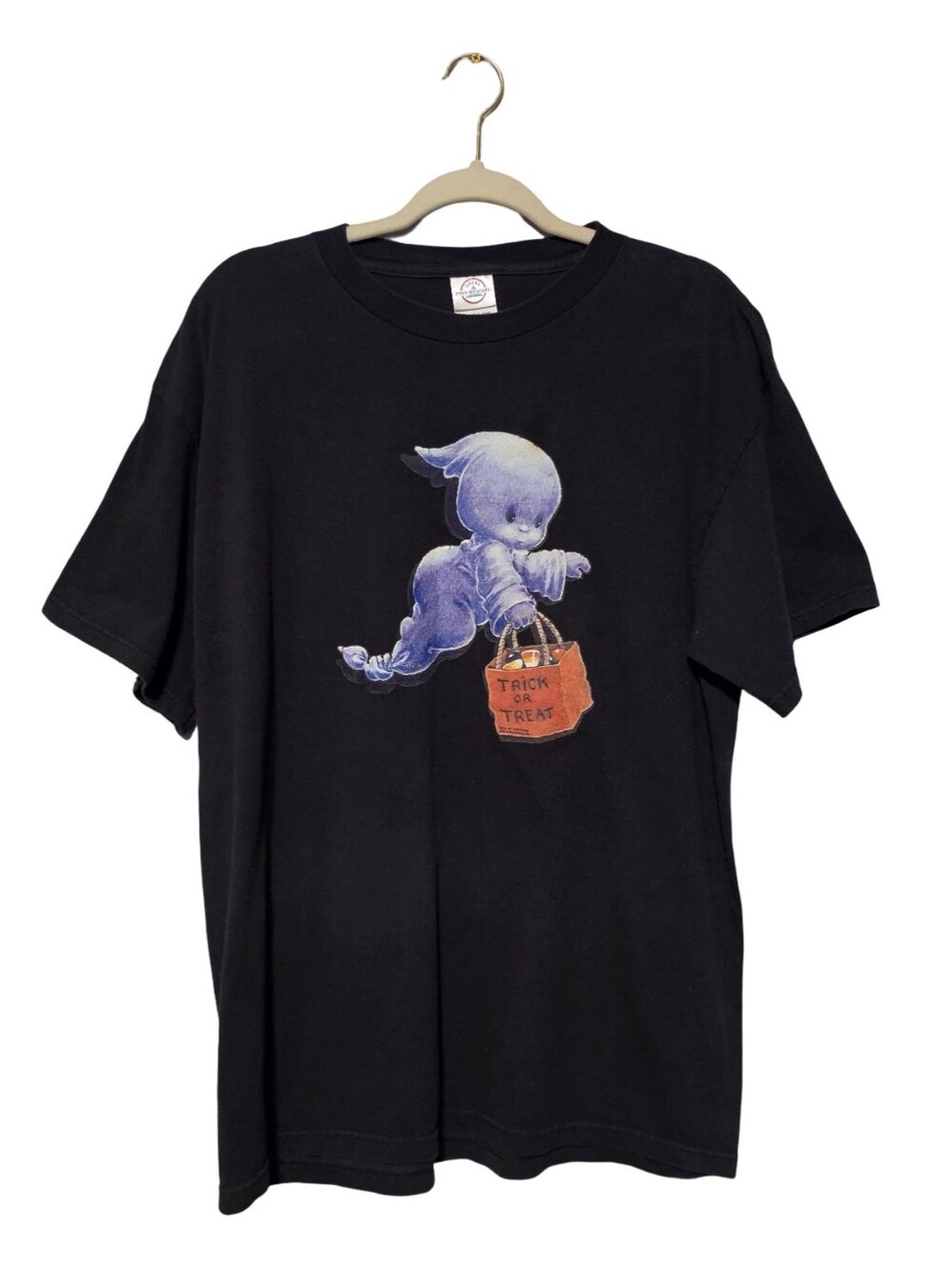 VINTAGE 2000 Halloween Ghost Trick Or Treat Tee Mens Large Black Y2K Amblin
